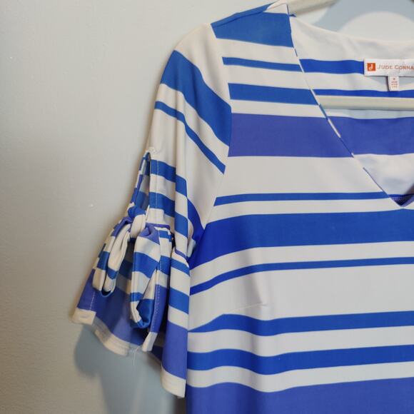 Jude Connally Sz M Blue White Stripe Ponte Stretch 1/2 Sleeve Shift Sheath Dress - Picture 2 of 5